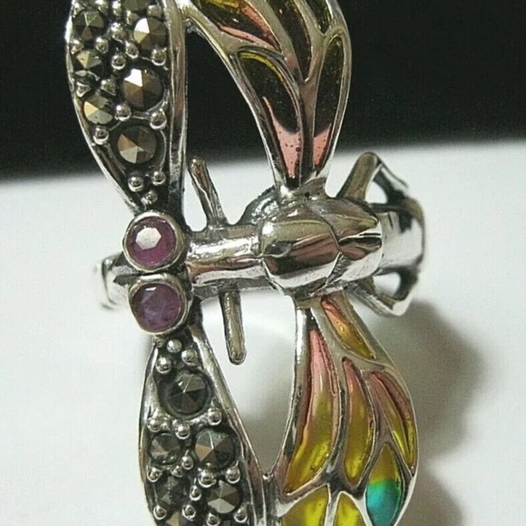 Dragonfly ring sterling silver marcasite and plique a jour Art Deco style new - Picture 2 of 9
